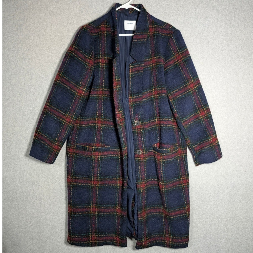 Old Navy Longline Plaid Overcoat Womens Large Blue Red Plaid Classic Heritage